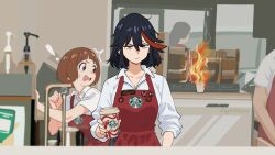  ! 2girls absurdres annoyed apron barista black_hair blue_eyes brown_eyes brown_hair cafe coffee_maker collarbone collared_shirt commentary cup disposable_coffee_cup disposable_cup employee_uniform english_commentary fire green_apron hair_between_eyes highres holding holding_cup indoors kill_la_kill laylaletsyou looking_at_viewer mankanshoku_mako matoi_ryuuko multicolored_hair multiple_girls open_mouth people pov red_streaks scared shirt sleeves_rolled_up starbucks streaked_hair tomboy two-tone_hair upper_body 