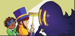  1boy 2girls :o a_hat_in_time bad_id bad_twitter_id black_eyes blue_bow blue_hairband bow bow_hairband bow_kid broom brown_hair buttons cape closed_mouth collared_shirt commentary curly_hair dark-skinned_female dark_skin english_commentary finger_to_mouth frown ghost green_jacket hair_tie hairband hat hat_kid hat_ribbon holding holding_broom jacket kudo_nguyen long_hair long_sleeves looking_at_another multiple_girls narrowed_eyes open_mouth parted_lips ponytail purple_hat purple_jacket ribbon shirt short_hair sidelocks snatcher_(a_hat_in_time) sparkle sparkling_aura top_hat two-handed white_shirt yellow_background yellow_cape yellow_eyes yellow_ribbon zipper_pull_tab 