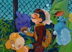  1boy absurdres bag beanie black_hair blue_sky brendan_(pokemon) chain-link_fence closed_eyes commentary_request dateko_(da0316teko) day eating fence fingerless_gloves food food_wrapper gloves hat highres holding holding_food laughing lava_cookie leaf lilycove_city male_focus numel ocean on_rooftop open_mouth outdoors pokeblock_case pokemon pokemon_(creature) pokemon_ruby/sapphire/emerald sceptile sharing_food shuppet sky smile swablu 