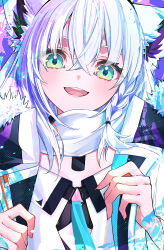  1girl animal_ear_fluff animal_ears blush braid commentary_request dog_tags fox_ears fox_girl green_eyes hair_between_eyes highres hiyashinssu hololive jacket looking_at_viewer open_mouth shirakami_fubuki shirakami_fubuki_(fubukitek) sidelocks single_braid smile solo virtual_youtuber white_hair white_jacket 