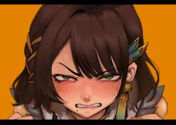  1girl absurdres blush brown_hair clenched_teeth close-up commentary_request earrings frustrated green_eyes hair_ornament hasewo highres jewelry letterboxed lips looking_at_viewer medium_hair mole mole_under_mouth nijisanji nose_blush orange_background portrait shiga_riko shiga_riko_(1st_costume) simple_background single_earring solo straight-on sweatdrop swept_bangs tassel tassel_earrings teeth virtual_youtuber 