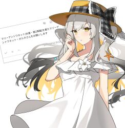  1girl bow dress fate/grand_order fate_(series) grey_hair hair_ornament hat hat_bow highres long_hair lucky_life_ccc marie_antoinette_(fate) marie_antoinette_(swimsuit_caster)_(second_ascension)_(fate) marie_antoinette_alter_(fate) request_inset starfish_hair_ornament sun_hat sundress twintails white_dress yellow_eyes 