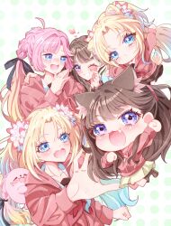  5girls :3 :d ;d ahoge animal_ear_fluff animal_ears animalization anyoji_hime anyoji_hime_(seal) black_ribbon blonde_hair blue_eyes blush brown_dress brown_hair cat_ears cat_girl cat_tail chibi commentary_request dress dual_persona fang finger_heart flower fujishima_megumi gradient_hair green_background grin hair_flower hair_ornament hair_ribbon hasu_no_sora_school_uniform highres hood hood_down hooded_jacket jacket kemonomimi_mode kentotto long_hair love_live! love_live!_hasu_no_sora_jogakuin_school_idol_club love_live!_hasu_no_sora_jogakuin_school_idol_club_bloom_garden_party mira-cra_park! multicolored_hair multiple_girls neckerchief one_eye_closed open_mouth osawa_rurino person_and_animalization pink_flower pink_hair pink_jacket polka_dot polka_dot_background red_neckerchief ribbon sailor_collar sailor_dress school_uniform seal_(animal) smile tail twintails two_side_up violet_eyes virtual_youtuber white_sailor_collar winter_uniform 
