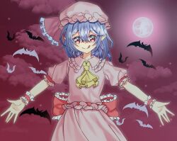  1girl :q ascot back_bow bat_(animal) bat_wings blue_hair bow closed_mouth clouds collared_shirt commentary_request frilled_shirt_collar frills full_moon hair_between_eyes hat hat_ribbon highres looking_at_viewer mob_cap moon outstretched_arms pink_hat pink_shirt pink_skirt pointy_ears puffy_short_sleeves puffy_sleeves red_ascot red_bow red_eyes red_moon red_sky remilia_scarlet ribbon shirt short_sleeves skirt skirt_set sky smile solo spread_arms tamine tongue tongue_out touhou wings 