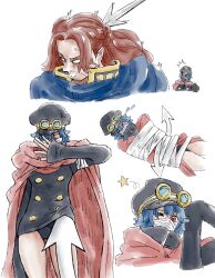  1boy 1girl arrow_(symbol) beard_stubble black_jacket black_panties blue_cape blush cape coat commentary facial_hair figarland_shamrock goggles goggles_on_headwear gunko highres jacket long_hair mask medium_hair mouth_mask no_pants one_eye_closed one_piece panties puipui_(gamename) red_coat red_eyes red_hair rogatywka star_(symbol) stubble underwear white_background 