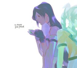  2girls absurdres aerith_gainsborough arm_belt back-to-back ball bare_shoulders black_choker black_gloves black_hair braid braided_ponytail brown_hair chest_harness choker crop_top detached_sleeves earrings english_text final_fantasy final_fantasy_vii final_fantasy_vii_remake final_fantasy_vii_revelation fingerless_gloves fireworks ghost gloves hair_ribbon harness highres holding holding_ball jacket jewelry long_hair materia midriff multiple_girls official_alternate_costume parted_bangs parted_lips red_eyes red_jacket ribbon shirt sidelocks single_braid spagheluu tifa_lockhart tifa_lockhart_(black_mage) upper_body white_background white_shirt white_sleeves 