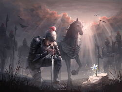  6+boys animal armor bird blonde_hair closed_mouth commentary english_commentary flower full_armor grey_sky helmet highres holding holding_polearm holding_weapon horse light_rays link master_sword multiple_boys on_one_knee outdoors planted planted_sword polearm rock signature silent_princess sky solo_focus sqygkiwi sunbeam sunlight sword the_legend_of_zelda the_legend_of_zelda:_breath_of_the_wild weapon white_flower 