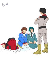  4boys aeug amuro_ray black_pants blue_hair blue_jacket boots bright_noa brown_hair closed_eyes commentary_request crack cracked_floor crossed_arms cushion earth_federation grey_jacket gundam gundam_zz hands_on_lap highres in_trouble_template_(meme) jacket judau_ashta kamille_bidan meme military_uniform mobile_suit_gundam multiple_boys pants red_jacket red_shoes science_fiction seiza shoes sitting sweatdrop white_background white_pants ykkanxykkan zabuton zeta_gundam 