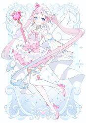  1girl blue_eyes blue_hair blue_streaks blush closed_mouth commentary_request croix_(croixtw) dress frilled_dress frilled_thigh_strap frills full_body gradient_hair high_heels highres holding holding_wand long_hair looking_at_viewer multicolored_hair nijisanji pink_dress pink_hair pink_shoes pomelo_punch shoes short_dress sleeveless sleeveless_dress smile solo streaked_hair thigh-highs thigh_strap twintails very_long_hair virtual_youtuber wand white_thighhighs wings zettai_ryouiki 