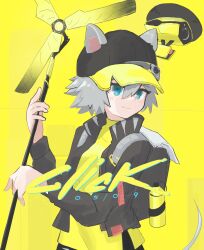  1girl absurdres allpikomin animal_ears arknights bag black_bag black_hat black_jacket blue_eyes character_name click_(arknights) drone ears_through_headwear grey_hair hair_between_eyes hat highres holding holding_staff jacket long_sleeves mouse_ears mouse_girl mouse_tail open_clothes open_jacket shirt short_hair simple_background smile solo staff tail upper_body yellow_background yellow_shirt 