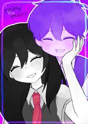  1boy 1girl brother_and_sister chiaki143 closed_eyes collared_shirt commentary english_commentary grin hand_on_another's_face highres mari_(omori) neckerchief omori shirt siblings smile sunny_(omori) 