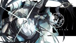  1girl album_cover_redraw arcaea arm_cutout artist_name bib_collar black_bow black_bowtie black_capelet black_dress black_flower black_hair black_rose blue_eyes blue_flower blue_rose bow bow_flower bowtie capelet clothing_cutout collar derivative_work dress dress_bow flower frilled_collar frilled_sleeves frills hair_flower hair_ornament hair_ribbon highres isesaki_tooru letterboxed long_hair long_sleeves looking_at_viewer pleated_capelet pursed_lips ribbon rose signature solo sparkle tairitsu_(arcaea) tairitsu_(grievous_lady)_(arcaea) twitter_username upside-down 
