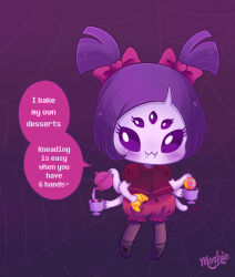  1girl 2016 2d anthro arachnid arthropod arthropod_girl artist_name black_hair black_sclera blouse bow brown_pantyhose chibi chibi_only colored_sclera colored_skin commentary croissant cup deviantart_sample digital_media doughnut english_commentary english_text extra_arms extra_eyes eyelashes fangs female female_only food full_body gradient_background hair_bow highres holding holding_cup holding_food holding_teapot image_sample monster monster_girl moshiedraws muffet pantyhose pantyhose_under_shorts puffy_short_sleeves puffy_shorts puffy_sleeves purple_background purple_skin red_blouse red_bow red_romper romper short_twintails shorts solo speech_bubble spider spider_girl spider_web standing teacup teapot text twintails undertale utdr_(toby_fox) 