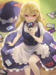  100th_black_market 1girl :d arm_support blurry blurry_background blurry_foreground card depth_of_field feet_out_of_frame from_above hair_between_eyes hat hat_removed headwear_removed highres holding holding_card kirisame_marisa looking_at_viewer red_eyes sitting smile solo touhou user_gcxy7887 