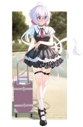  1girl ahoge ankle_bow ankle_strap black_bow black_choker black_shoes black_skirt black_vest border bow breasts choker collared_shirt floating_hair frilled_skirt frills full_body glasses hair_ornament hair_scrunchie highres holding holding_suitcase layered_skirt long_hair looking_to_the_side medium_breasts miniskirt necktie nyanmaru outdoors pink_scrunchie puffy_short_sleeves puffy_sleeves red-framed_eyewear red_necktie rolling_suitcase round_eyewear scrunchie senki_zesshou_symphogear shirt shoes short_sleeves skirt socks solo strappy_heels suitcase sunlight thigh_strap twintails vest violet_eyes walking white_border white_hair white_shirt white_socks yukine_chris 