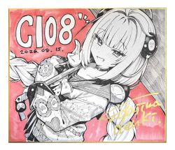  1girl black_choker blush braid braided_twintails cardigan chest_bow choker collarbone comiket_108 commentary_request dated edajima_denki greyscale_with_colored_background hair_ornament hands_up hearing_aid holding holding_umbrella long_hair looking_at_viewer notice_lines parted_lips red_background sailor_collar smile solo sphere_hair_ornament traditional_media ukinami_yuzuha umbrella zenless_zone_zero 