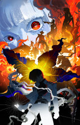  1boy absurdres belt black_hair black_shirt blunt_bangs bug camearra chinese_commentary commentary_request darramb fire gijera global_unlimited_task_squad_uniform golza highres hudra jacket long_sleeves looking_at_viewer madoka_daigo male_focus manhuajiazhishen melba_(ultra_series) multiple_boys multiple_girls open_clothes open_jacket pants red_eyes shirt short_hair silhouette sparklence ultra_series ultraman_tiga ultraman_tiga_(series) ultraman_tiga_(tiga_dark) white_jacket white_pants zoiger 