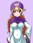  1girl :3 blonde_hair breasts closed_mouth covered_navel curly_hair dragon_quest dragon_quest_ii hood impossible_clothes long_hair looking_at_viewer princess_of_moonbrook robe simple_background smile solo violet_eyes 