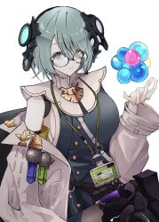  1girl anonekoa bare_shoulders breasts bubble camiscilla_(shadowverse) closed_mouth glasses green_eyes headphones highres lab_coat lanyard large_breasts looking_at_viewer shadowverse shadowverse:_worlds_beyond short_hair sideboob white_background 