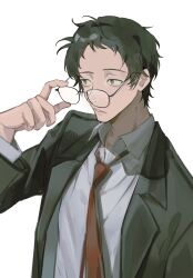  1boy absurdres adachi_tooru black_hair black_jacket commentary dress_shirt enpitsu8xp glasses highres jacket male_focus necktie nose_pads persona persona_4 red_necktie removing_eyewear shirt short_hair simple_background solo suit_jacket untranslatable_commentary upper_body white_background white_shirt 