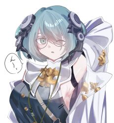  1girl armpits breasts camiscilla_(shadowverse) glasses green_eyes headphones highres lab_coat lanyard large_breasts looking_at_viewer one_eye_closed ro11_apple shadowverse shadowverse:_worlds_beyond short_hair 