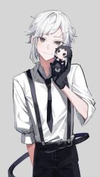  1boy absurdres asymmetrical_hair belt black_belt black_necktie black_pants blush bungou_stray_dogs character_doll closed_mouth commentary_request doll dress_shirt highres holding holding_chibi holding_stuffed_toy looking_at_viewer male_focus mi_szran nakajima_atsushi_(bungou_stray_dogs) necktie open_collar oversized_belt pants shirt shirt_tucked_in single_sidelock smile solo straight-on stuffed_toy suspenders white_shirt 