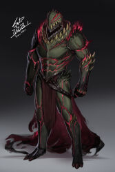  absurdres armor deviljho deviljho_(armor) elbow_spikes gauntlets helmet highres ikasamahideo monster_hunter_(series) simple_background spiked_armor spiked_gauntlets spikes waist_cape 