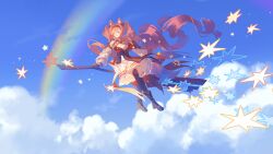  1girl absurdres angelina_(arknights) angelina_the_mellow_wish_(arknights) animal_ear_fluff animal_ears arknights black_boots black_collar black_gloves black_hairband black_thighhighs blue_sky boots brown_hair chinese_commentary clouds collar commentary_request day detached_sleeves dress floating_hair flying fox_ears fox_girl full_body gloves hair_between_eyes hairband highres infection_monitor_(arknights) long_hair long_sleeves lumos_(lumos164) pleated_dress rainbow sitting sky smile solo staff_riding star_(symbol) thigh-highs twintails very_long_hair white_dress 