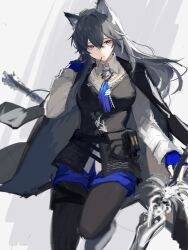  1girl animal_ear_fluff animal_ears arknights black_coat black_hair black_pantyhose black_vest blue_eyes blue_gloves blue_necktie blue_shorts breasts coat coat_on_shoulders collared_shirt commentary fingerless_gloves food food_in_mouth gloves hair_between_eyes hand_up highres holding holding_sword holding_weapon jacket jacket_on_shoulders long_hair long_sleeves looking_at_viewer mouth_hold necktie official_alternate_costume pantyhose pantyhose_under_shorts pocky shirt shorts simple_background solo sword texas_(arknights) texas_the_omertosa_(arknights) vest weapon weeiskaw white_shirt wolf_ears wolf_girl 