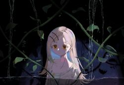  1girl absurdres cardigan closed_mouth collarbone expressionless gakuen_idolmaster hair_ornament highres idolmaster leaf long_hair looking_at_viewer orange_eyes plant sabame50 shinosawa_hiro shirt solo vines wading water white_shirt 