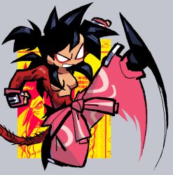  1boy 1girl angry baggy_pants black_hair black_shoes blank_eyes clothes_around_waist cosplay dragon_ball dragon_ball_gt dynamic_pose edith_(teknodice) eyeshadow fingerless_gloves floating full_body furigana gloves green_background hair_bun jacket jacket_around_waist kicking levitation makeup monkey_boy monkey_girl monkey_tail motion_lines no_nipples original pants pink_background pink_gloves pink_jacket red_eyeshadow red_fur reference_inset scan shoes short_hair solid_eyes solo_focus son_goku son_goku_(cosplay) spiky_hair super_saiyan super_saiyan_4 tail teknodice two-tone_background 