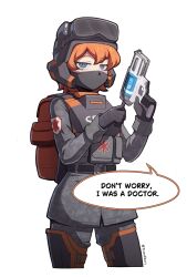  1girl artist_name backpack bag belt black_belt black_gloves black_helmet blue_eyes body_armor brown_bag camouflage commentary cropped_legs dart_gun english_commentary english_text eyewear_on_head freckles gloves goggles goggles_on_headwear gun helldivers_(series) helmet highres holding holding_gun holding_weapon looking_at_viewer mask medium_hair military_medic mouth_mask orange_hair ringed_eyes seaf_soldier_(helldivers) simple_background solo speech_bubble surgical_mask tenescross urban_camouflage weapon white_background 