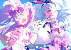 2girls absurdres ahoge animal_ears bead_bracelet beads black_hairband blue_hair blue_nails blue_skirt bow bracelet capelet center_frills closed_eyes detached_sleeves dress fake_animal_ears feather_hair_ornament feathers frilled_capelet frills hair_bow hair_ornament hairband highres idol_land_pripara interlocked_fingers jewelry katasumi_amari long_hair manaka_laala multiple_girls nail_polish open_mouth owoxxxc pink_bow pink_eyes pink_sash polka_dot polka_dot_skirt pretty_series pripara puffy_detached_sleeves puffy_sleeves purple_hair rabbit_ears sash shirt shoulder_sash skirt skirt_bow sleeveless sleeveless_shirt smile twintails upper_body white_capelet white_dress white_shirt wrist_cuffs yellow_wrist_cuffs 