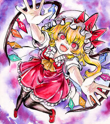  1girl @_@ ascot blonde_hair bow brown_thighhighs collared_shirt commentary_request crystal crystal_wings flandre_scarlet frilled_shirt_collar frills full_body hat hat_bow highres kabaji loafers looking_at_viewer mob_cap multicolored_wings one_side_up open_mouth puffy_short_sleeves puffy_sleeves purple_background red_bow red_eyes red_shoes red_skirt red_vest shirt shoes short_sleeves skirt skirt_set smile solo teeth thigh-highs touhou traditional_media vest white_hat white_shirt wings yellow_ascot 