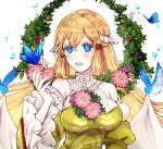  1girl :d bare_shoulders bird blonde_hair blue_bird blue_eyes blush breasts bug butterfly detached_sleeves dress fire_emblem fire_emblem_heroes flower green_dress hair_ornament highres large_breasts long_hair long_sleeves misato_hao open_mouth pink_nails puffy_sleeves simple_background skirt_hold smile solo turtleneck upper_body water water_drop white_background wide_sleeves ymir_(fire_emblem_heroes) 