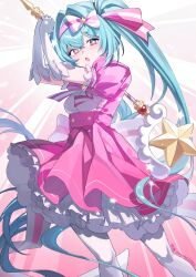  1girl :o aqua_hair artist_name bow bow_hairband bowtie commentary crossed_bangs dress feet_out_of_frame frilled_dress frills gloves hair_between_eyes hair_bow hair_intakes hairband hatsune_miku high-waist_dress highres holding holding_wand ima_sugu_rinne_(vocaloid) long_hair looking_at_viewer multicolored_eyes open_mouth pantyhose pink_background pink_hairband puffy_sleeves short_sleeves sidelocks solo star-shaped_pupils star_(symbol) star_wand swinging_weapon symbol-shaped_pupils syuen_(syuen1003) twintails two-tone_dress under-elbow_gloves variant_set very_long_hair vocaloid wand white_gloves white_pantyhose 