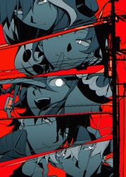  2girls 3boys :d column_lineup earphones finger_to_mouth frown grin highres kagerou_project kano_shuuya kido_tsubomi kisaragi_momo kisaragi_shintarou konoha_(kagerou_project) looking_at_viewer multiple_boys multiple_girls one_eye_closed power_lines red_background sidu_(dsd_kgn) smile utility_pole 