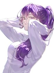  1girl ao_191229 arms_behind_head artist_name asahina_mafuyu bespectacled breasts collared_shirt commentary_request expressionless glasses hair_over_shoulder high_ponytail highres large_breasts looking_at_viewer parted_lips ponytail project_sekai purple_hair shirt signature simple_background solo swept_bangs tying_hair upper_body violet_eyes white_background white_shirt 
