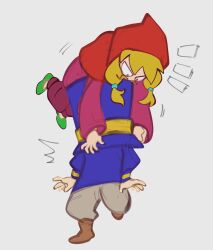 2girls ^^^ a_hat_in_time arms_at_sides bad_id bad_twitter_id blonde_facial_hair blonde_hair boots brown_boots brown_pants capelet child commentary dress english_commentary facial_hair green_shoes hat hat_kid hat_ribbon hood hood_up hooded_capelet in_hat jacket kudo_nguyen long_hair long_sleeves multiple_girls mustache mustache_girl notice_lines on_person pants purple_dress purple_hat purple_jacket purple_pants red_capelet ribbon shoes standing standing_on_one_leg top_hat v-shaped_eyes white_background yellow_eyes yellow_ribbon 