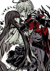  1boy 1girl arknights black_gloves black_hair black_halo blue_eyes calccalculi cape closed_mouth colored_skin commentary_request dancing executor_(arknights) eye_contact fingerless_gloves gloves grey_hair grey_halo grey_shirt grey_skin halo hand_on_another's_waist highres holding_hands long_hair long_sidelocks long_sleeves looking_at_another red_cape shirt short_hair sidelocks simple_background very_long_hair virtuosa_(arknights) white_background yellow_eyes 