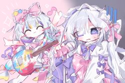  2girls @_@ blush_stickers bow colored_tips commentary_request dress dress_bow frilled_hairband frills guitar hair_bow hair_over_one_eye hairband highres holding holding_guitar holding_instrument holding_microphone instrument jogasaki_noah karaoke_manekineko lolita_fashion lolita_hairband long_hair long_sleeves mahou_shoujo_no_majo_saiban microphone multi-tied_hair multicolored_hair multiple_girls musical_note natsume_an-an official_alternate_costume polka_dot polka_dot_bow streaked_hair sweet_lolita unnmo_1102 violet_eyes white_dress white_hair white_hairband 