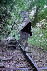  1girl ahoge bandaid bandaid_on_knee bandaid_on_leg beads black_serafuku black_shoes branch colored_eyelashes day eyepatch forest gravel hair_beads hair_intakes hair_ornament highres leaf long_hair long_sleeves looking_at_viewer loose_socks medical_eyepatch nature neckerchief one_eye_covered original pleated_skirt railroad_tracks sailor_collar school_uniform serafuku shoes si_(wooupp) skirt sleeves_past_fingers sleeves_past_wrists socks solo standing standing_on_one_leg tree two_side_up white_eyelashes white_eyes white_hair white_neckerchief white_sailor_collar white_skirt white_socks x_hair_ornament 