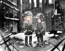  2girls black_hair blonde_hair cable chito_(shoujo_shuumatsu_ryokou) closed_mouth coat commentary_request english_text full_body fur-trimmed_coat fur_trim gun gun_on_back hair_between_eyes haoziddd helmet holding_hands looking_at_viewer multiple_girls pants post-apocalypse shoujo_shuumatsu_ryokou snow snowing standing weapon weapon_on_back winter yuuri_(shoujo_shuumatsu_ryokou) 