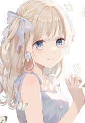  1girl absurdres bare_shoulders blonde_hair blue_eyes bow bug butterfly buttons closed_mouth commentary dress earrings flower_earrings from_side hair_bow highres jewelry long_hair original ruruka_003 simple_background sleeveless sleeveless_dress solo square_neckline untranslatable_commentary upper_body white_background white_butterfly white_dress 