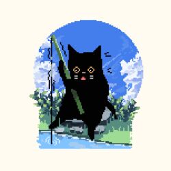  animal animal_focus black_cat blue_sky cat clouds commentary day decomposedmaw english_commentary fishing fishing_line fishing_rod grass green_leaf holding holding_fishing_rod leaf motion_lines nature no_humans on_rock open_mouth original outdoors pixel_art plant ripples rock sitting sky water whiskers white_background 