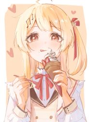  1girl :q ahoge beamed_eighth_notes blonde_hair blush border brown_dress brown_eyes brown_sailor_collar buttons chocomint24801 commentary double-breasted double-parted_bangs dress eighth_note food food_on_face frilled_jacket frills fruit gradient_hair hair_ornament hair_ribbon hands_up heart highres holding holding_ice_cream_cone holding_spoon hololive hololive_dev_is ice_cream ice_cream_cone jacket long_hair looking_at_viewer multicolored_hair musical_note musical_note_hair_ornament neck_ribbon one_side_up orange_background orange_hair otonose_kanade otonose_kanade_(1st_costume) outside_border plaid_clothes plaid_dress red_ribbon ribbon sailor_collar shirt sidelocks sleeve_cuffs solo spoon strawberry strawberry_slice swept_bangs tongue tongue_out two-tone_hair untranslatable_commentary upper_body virtual_youtuber white_border white_jacket white_shirt 