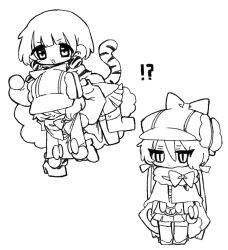 2girls absurdres bow cape coat commentary_request detached_sleeves detec_bell detective fur_cape fur_coat gem hat highres lapis_lazuline magical_girl mahou_shoujo_ikusei_keikaku mahou_shoujo_ikusei_keikaku_restart mahou_shoujo_no_majo_saiban mole mole_under_eye multiple_girls on_person open_mouth short_hair smile tail thigh-highs tiger_stripes tiger_tail white_thighhighs yawao_o 