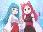  2girls :3 ahoge animal_ears bare_shoulders blue_eyes blue_hair bow breasts cat_ears commentary_request creator_connection crossover girl_(taremayu)_(irodori) japanese_clothes kemurikusa long_hair long_sleeves multiple_girls open_mouth red_bow red_eyes red_sash redhead ribbon-trimmed_sleeves ribbon_trim ritsu_(kemurikusa) sash sleeves_past_fingers sleeves_past_wrists smile tamagoya taremayu_(irodori) water wide_sleeves 