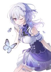  1girl armband bare_shoulders blush braid bug butterfly closed_mouth collar commentary_request corset cowboy_shot dress frilled_armband frills grey_hair hair_intakes hair_ornament highres long_hair looking_at_viewer matana_(tske2247) miyajima_leciel nail_polish neck_ribbon one_eye_closed purple_collar purple_corset purple_nails purple_ribbon red_eyes ribbon riot_music sidelocks skirt solo white_background 