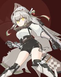  1girl absurdres allpikomin arknights armor black_shorts blush breasts brown_hair crossbow fartooth_(arknights) feather_hair feet_out_of_frame frown gauntlets greaves grey_hair highres holding holding_crossbow holding_weapon long_hair long_sleeves looking_at_viewer medium_breasts quiver scope shirt shirt_tucked_in shorts simple_background solo visor_(armor) visor_lift weapon white_shirt yellow_eyes 